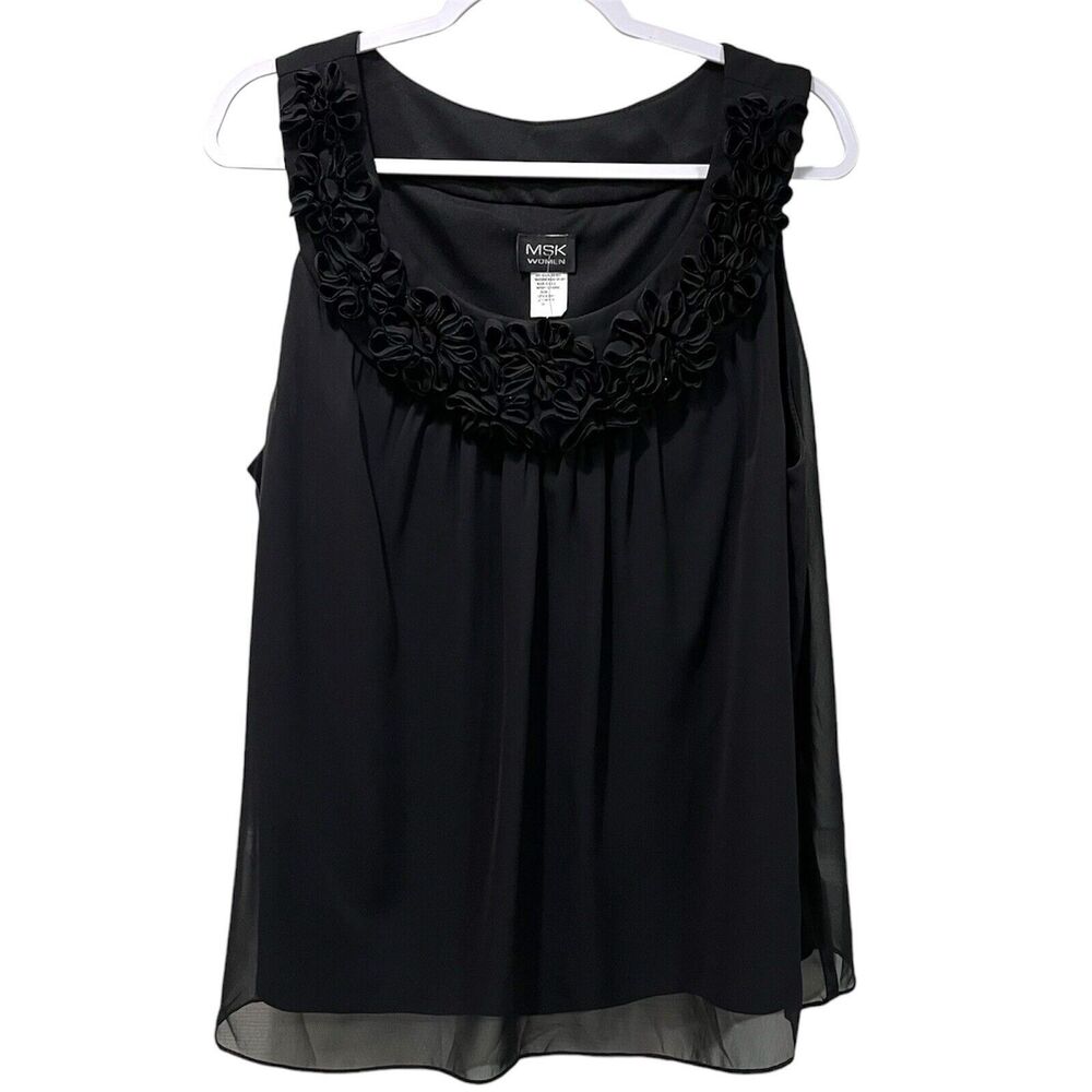 MSK Women Black Sleeveless Top, 2X, Ruffle Neckline, Plus Size, Classy, NWT